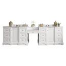 De Soto 118 in. Double Vanity Set, Bright White with Makeup Table, 3 CM Carrara Marble Top