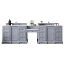 De Soto 118 in. Double Vanity Set, Silver Gray with Makeup Table, 3 CM Classic White Quartz Top