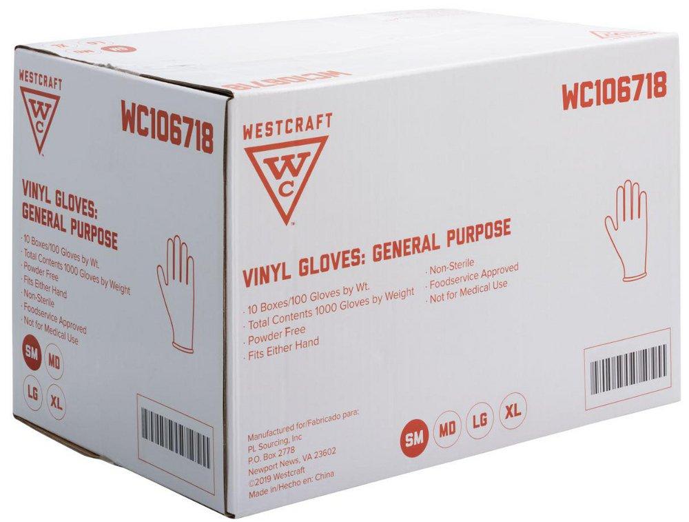 Westcraft Clear Powder Free Disposable Vinyl Gloves in Clear (Box of 100) 