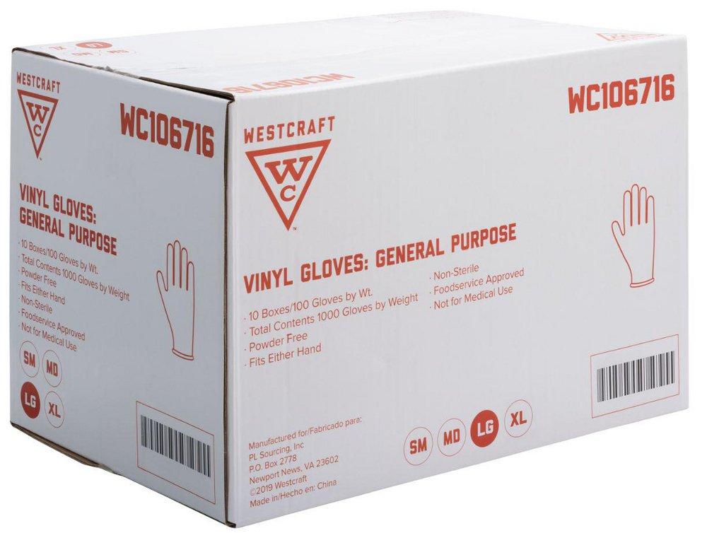 Westcraft Clear Powder Free Disposable Vinyl Gloves in Clear (Box of 100) 