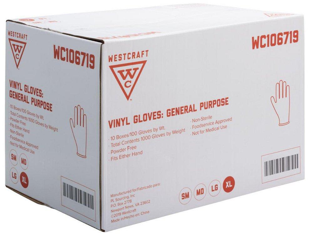 Westcraft Clear Powder Free Disposable Vinyl Gloves in Clear (Box of 100) 