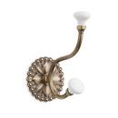Brass Double Hook with Porcelain Knobs in Antique Brass