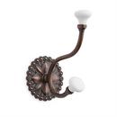 Brass Double Hook with Porcelain Knobs in Antique Copper