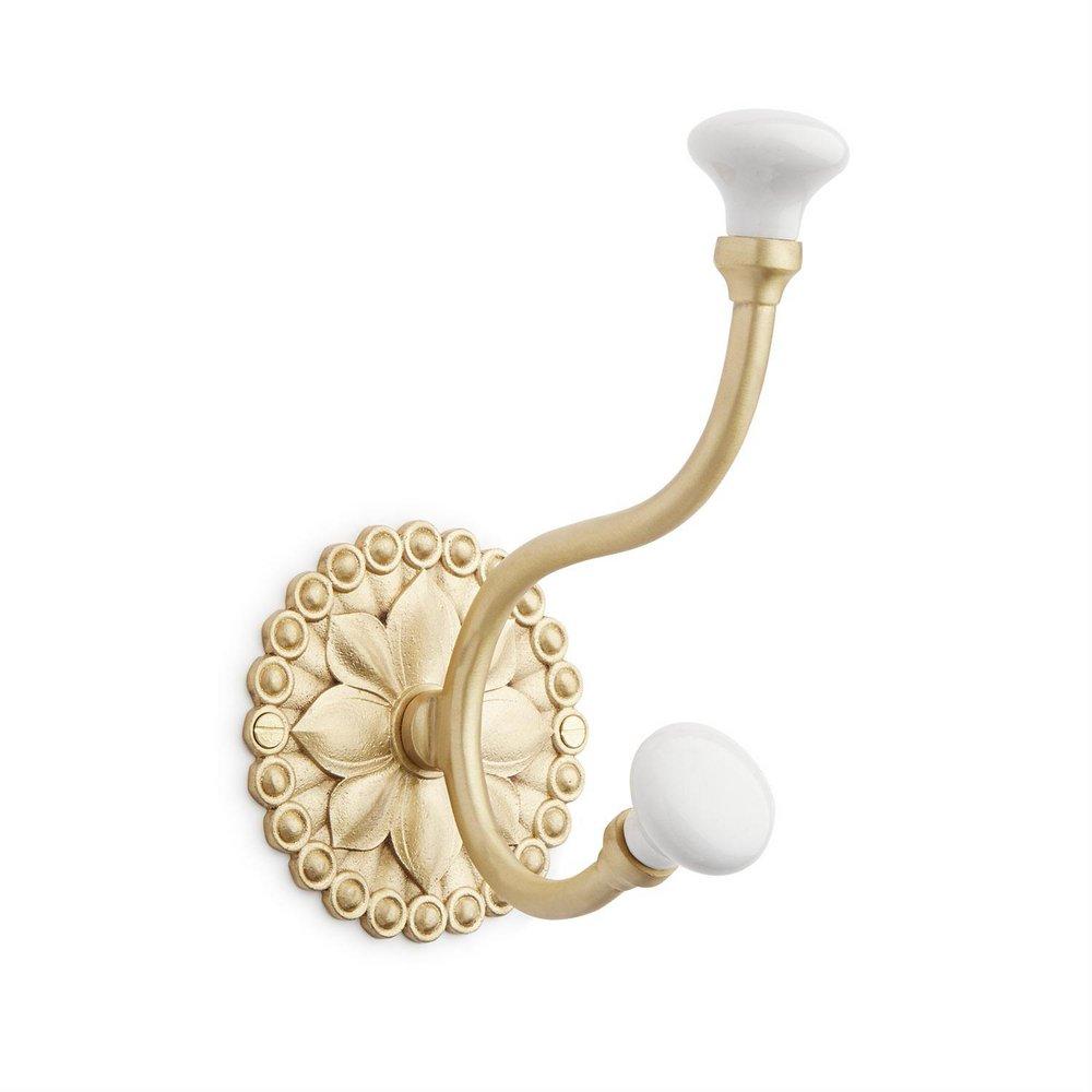 Signature Hardware Satin Brass Brass Double Hook with Porcelain Knobs 