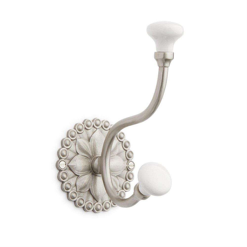 Signature Hardware Brushed Nickel Brass Double Hook with Porcelain Knobs 