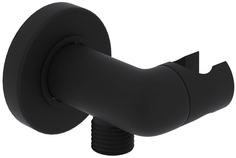 BOSSINI MODERN WALL MOUNTED SWIVELING OR PIVOTING HANDSHOWER HOLDER AND OUTLET SUPPLY ELBOW IN MATTE BLACK WITH 1/2 M HOSE OUTLET  1/2 F INLET AND THIN OR FLAT ROUND WALL ESCUTCHEON 