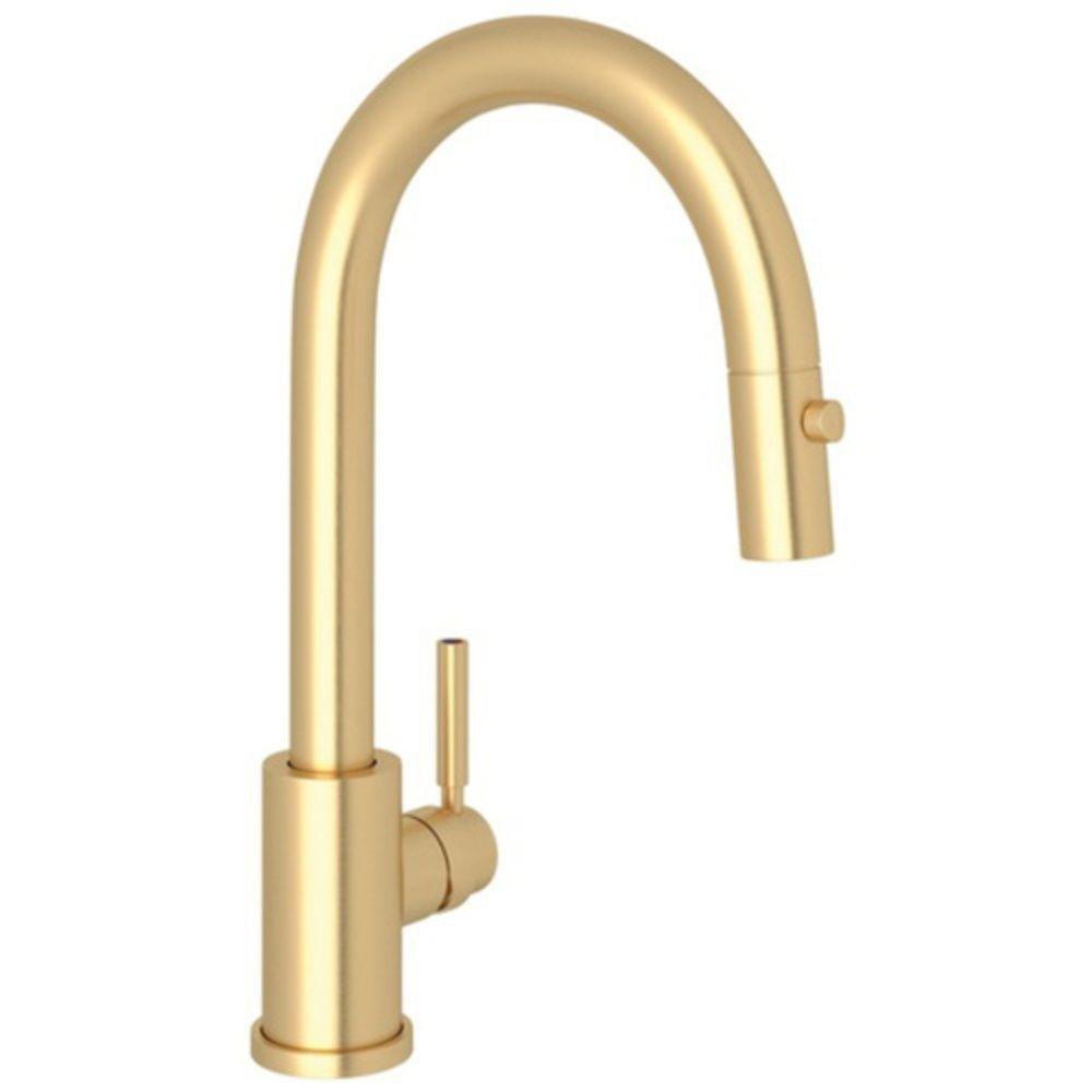 Single Handle Pull Down Kitchen Faucet in Satin English Gold 