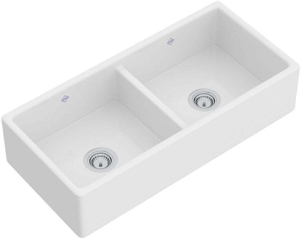 Shaws White 39-1/4 x 18-5/16 in. Fireclay Double Bowl Farmhouse Kitchen Sink 
