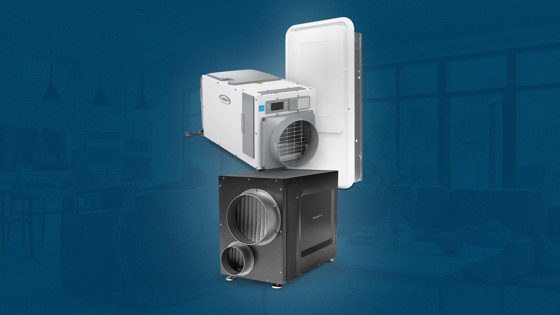 Silo image of dehumidifiers on a blue background