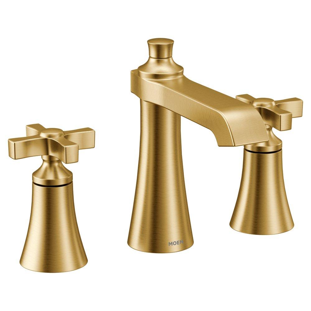 Moen Brushed Gold Two Handle Widespread Bathroom Sink Faucet Cross Handle 