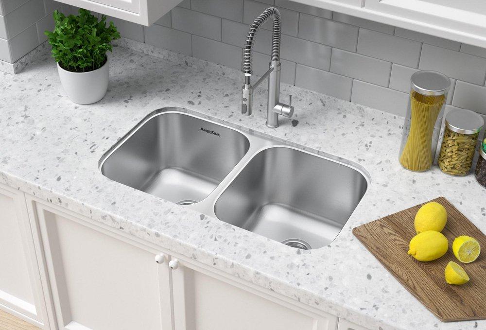 Amerisink Matte Brushed Stainless 32 x 18-1/2 in. No Hole Stainless Steel 2 Bowl Undermount Kitchen Sink 