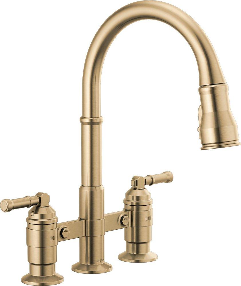 Delta Faucet Champagne Bronze Two Handle Bridge Pull Down Kitchen Faucet 