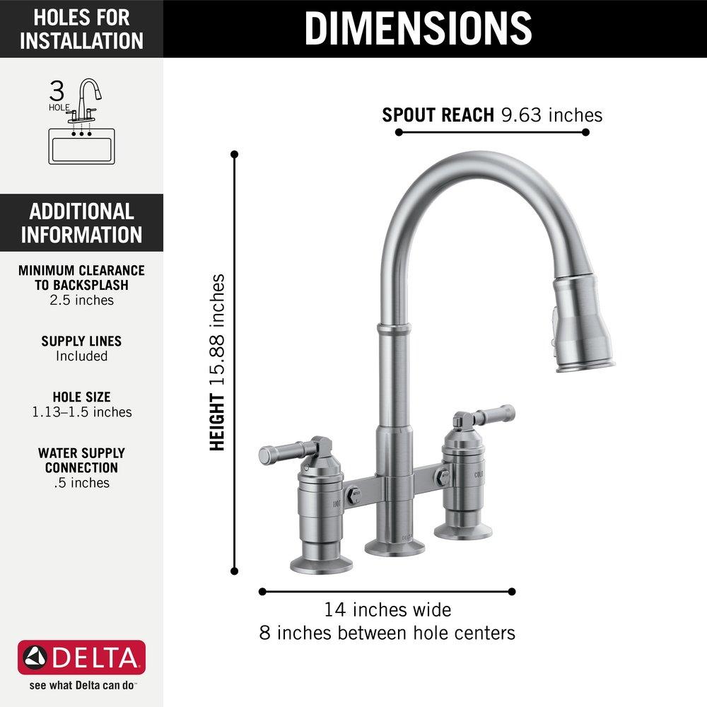 Delta Faucet Arctic Stainless Two Handle Bridge Pull Down Kitchen Faucet 