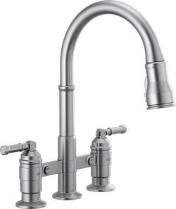 Two Handle Bridge Pull Down Kitchen Faucet in Arctic Stainless
