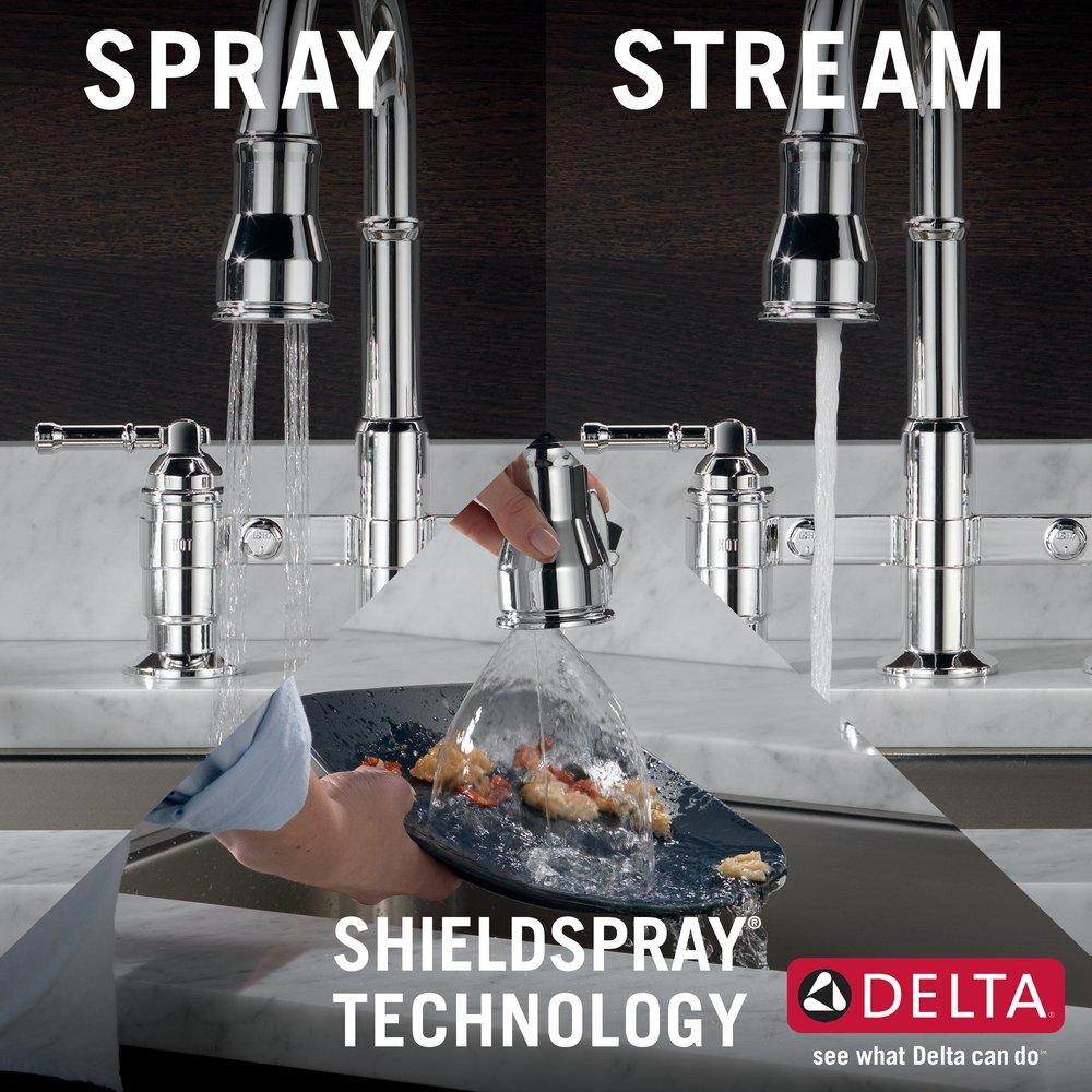 Delta Faucet Chrome Two Handle Bridge Pull Down Widespread Kitchen Faucet 