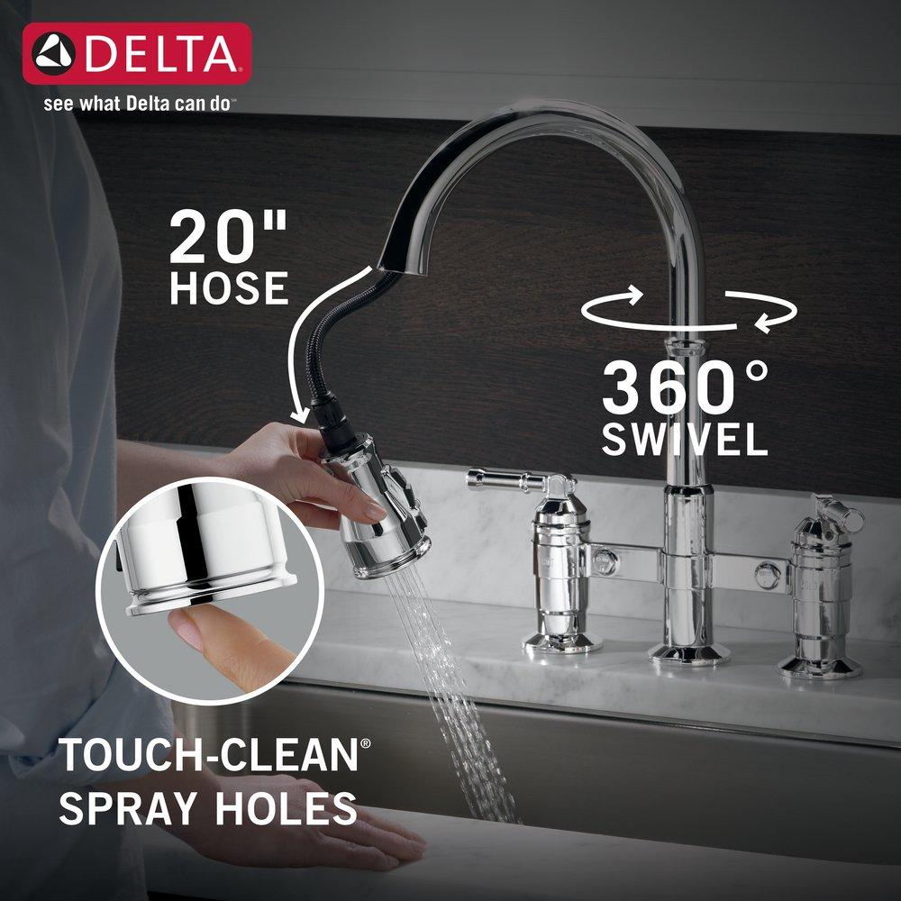 Delta Faucet Chrome Two Handle Bridge Pull Down Widespread Kitchen Faucet 