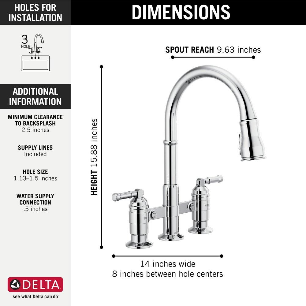 Delta Faucet Chrome Two Handle Bridge Pull Down Widespread Kitchen Faucet 