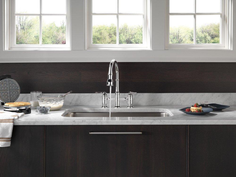 Delta Faucet Chrome Two Handle Bridge Pull Down Widespread Kitchen Faucet 