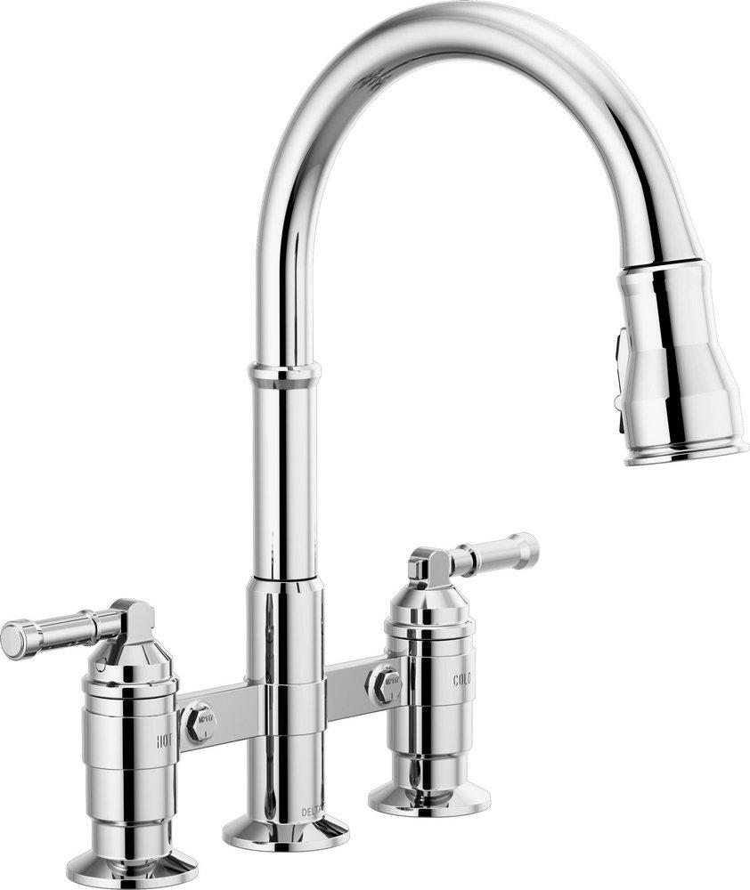 Delta Faucet Chrome Two Handle Bridge Pull Down Kitchen Faucet 