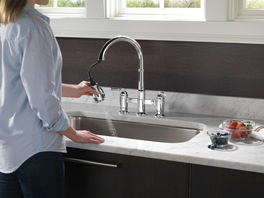 Delta Faucet Chrome Two Handle Bridge Pull Down Widespread Kitchen Faucet 