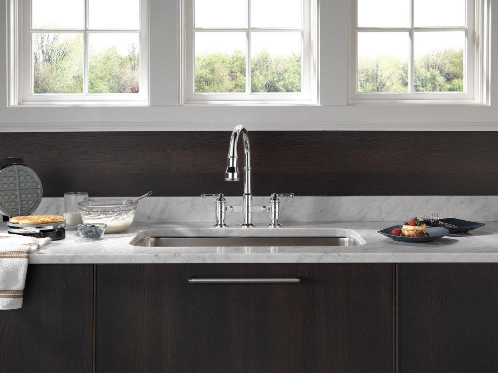 Delta Faucet Chrome Two Handle Bridge Pull Down Widespread Kitchen Faucet 