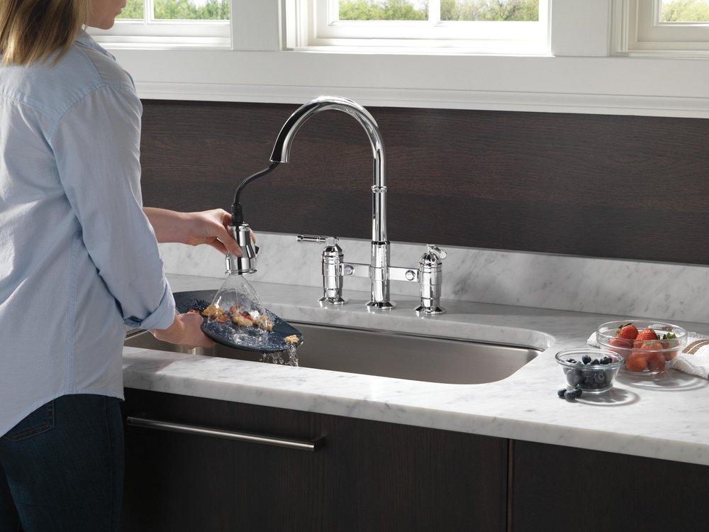 Delta Faucet Chrome Two Handle Bridge Pull Down Widespread Kitchen Faucet 