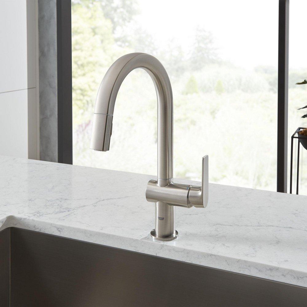 GROHE StarLight&reg; SuperSteel Monoblock Single Handle Pull Down Kitchen Faucet 