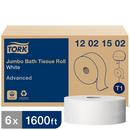 Tork White Jumbo Bath Tissue Roll, 2-Ply, White, T1 System 