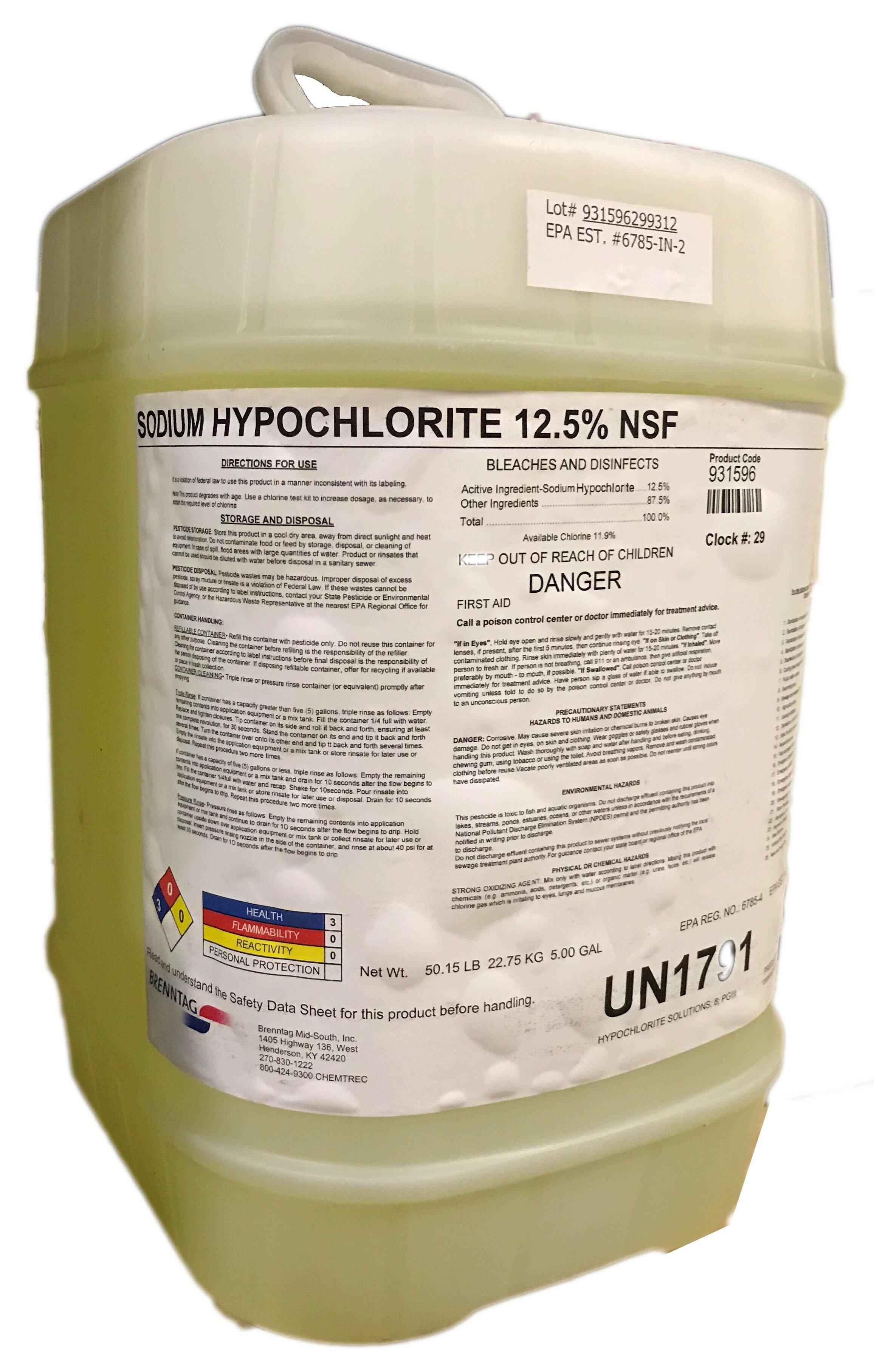 Brenntag Mid-South Clear Pale Yellow 12.5% Sodium Hypochlorite Chlorine Bleach 