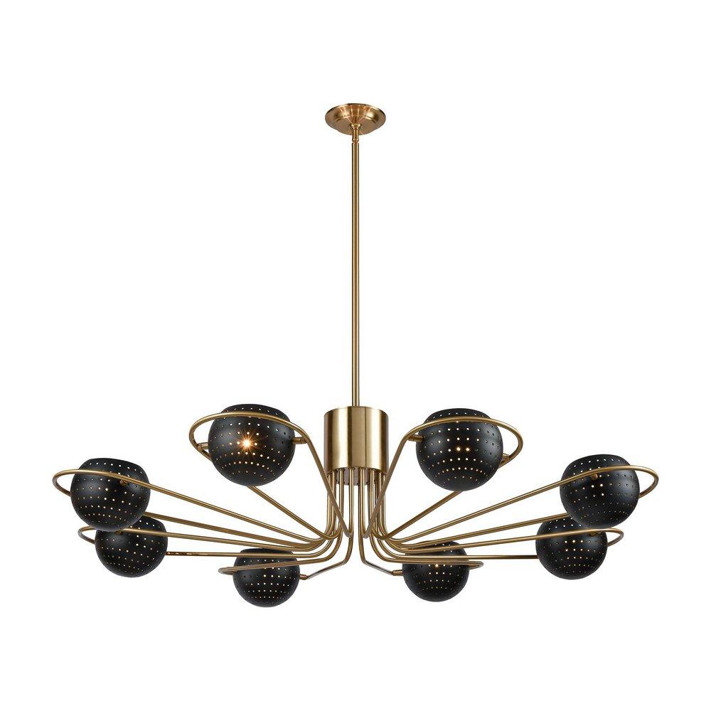 SCARAB 8-LIGHT CHANDELIER IN NEW AGED BRASS WITH SEMI-GLOSS BLACK SHADES 