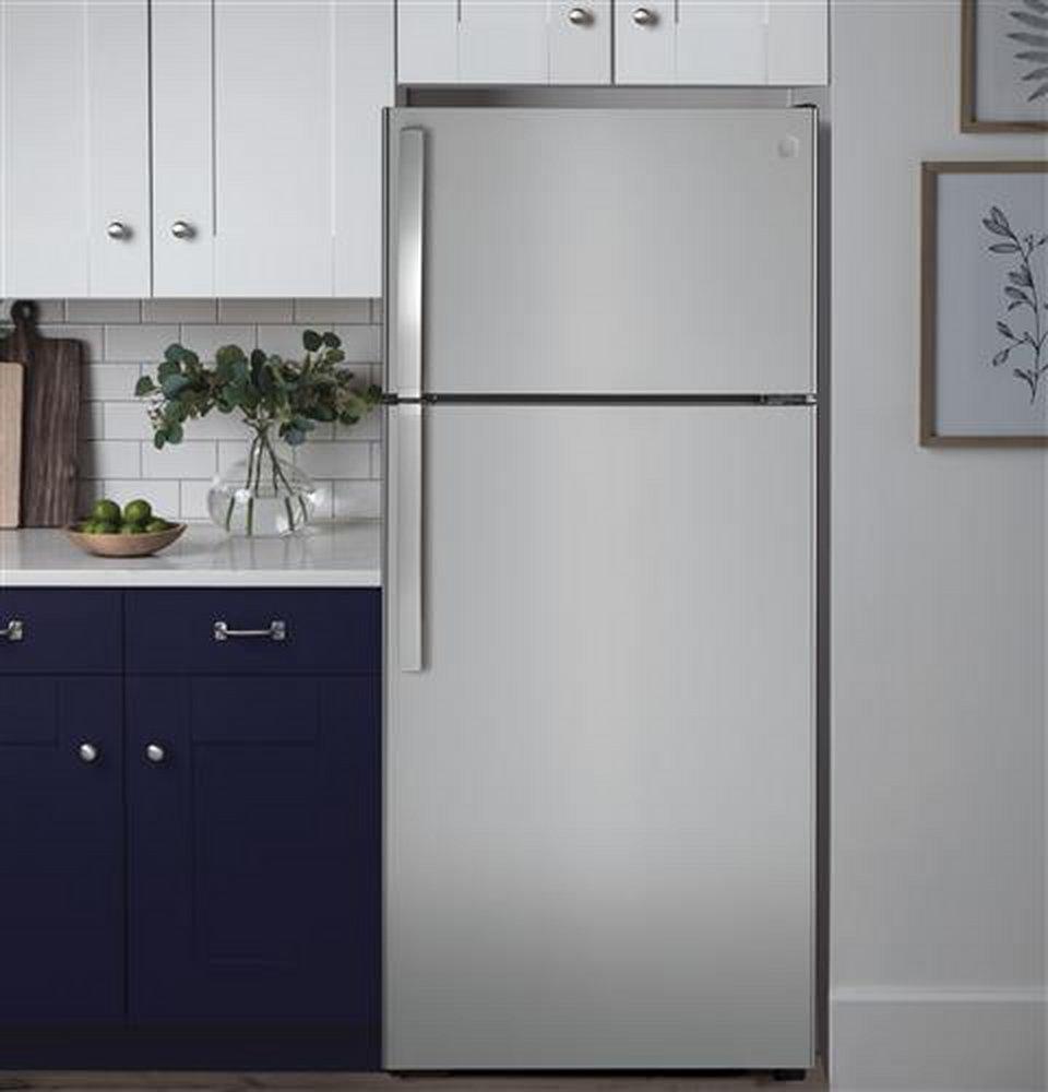 GE&reg; Stainless Steel 28 in. 12.6 cu. ft. Top Mount Freezer Refrigerator 
