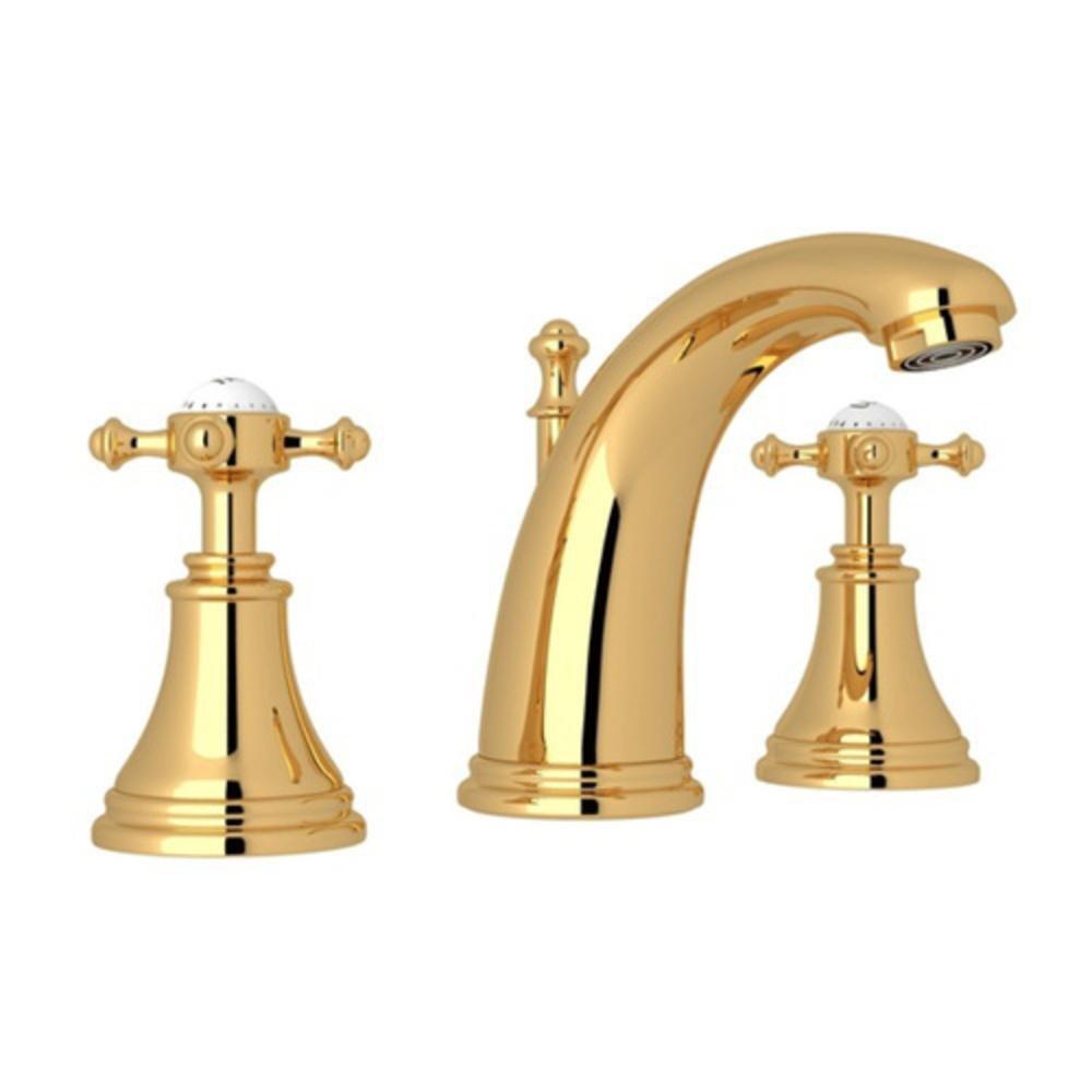 PERRIN & ROWE GEORGIAN ERA HIGH-ARC SPOUT WIDESPREAD LAVATORY FAUCET IN ENGLISH GOLD WITH CROSS HANDLES AND POP-UP 