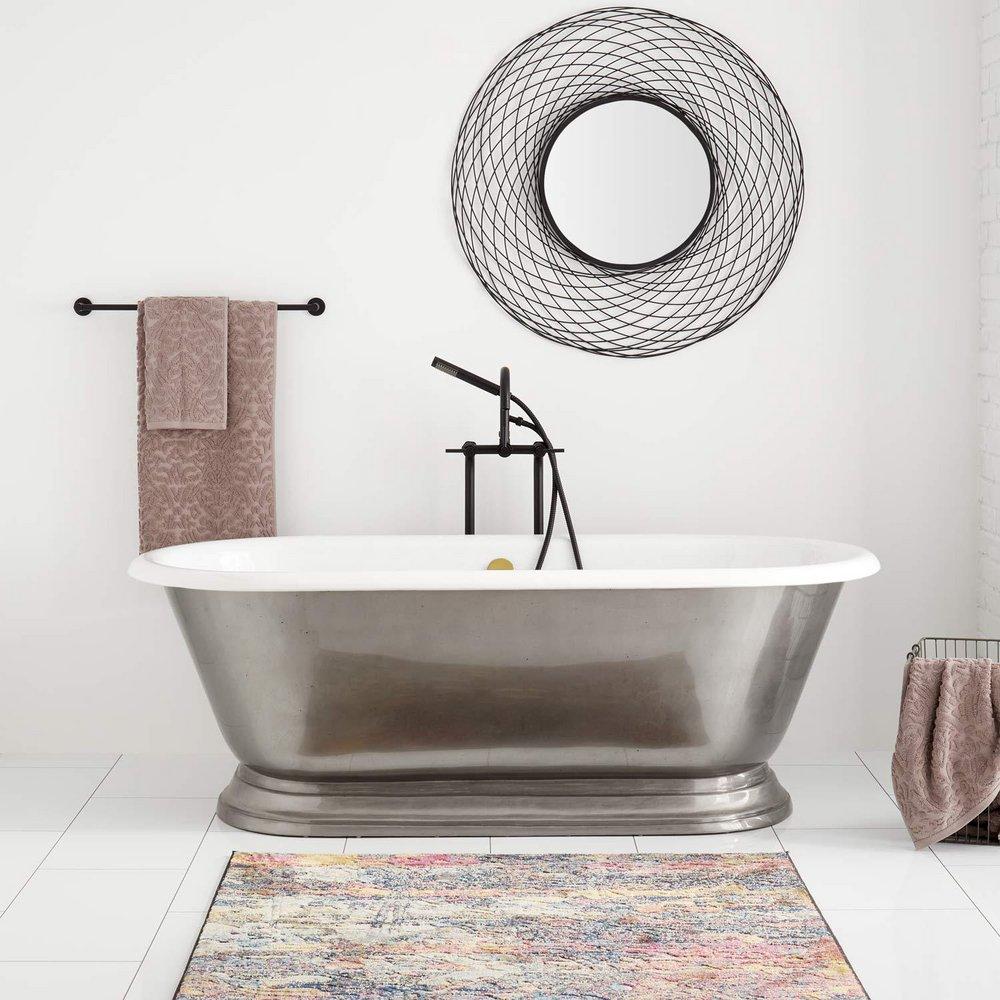 70 - GEOFFREY CAST IRON SKIRTED TUB - POLISHED BRASS DRAIN - ANTIQUE PEWTER 