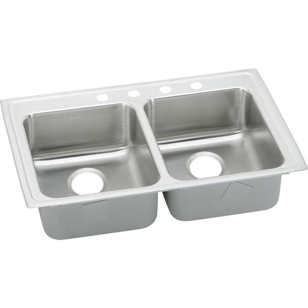 Elkay Lustrous Highlighted Satin 3-Hole 2-Bowl Topmount Kitchen Sink with Rear Center Drain 