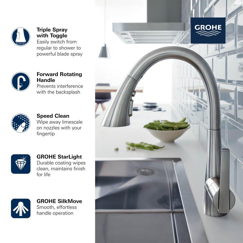 GROHE StarLight Chrome Monoblock Single Handle Pull Out Kitchen Faucet 