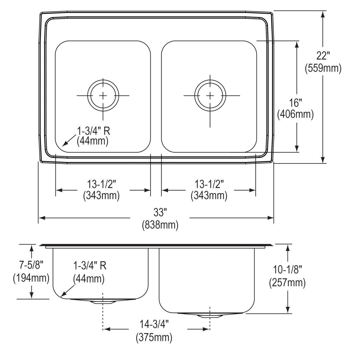 33 X 22 One Hole Double Bowl Stainless Steel SINK Lustertone 