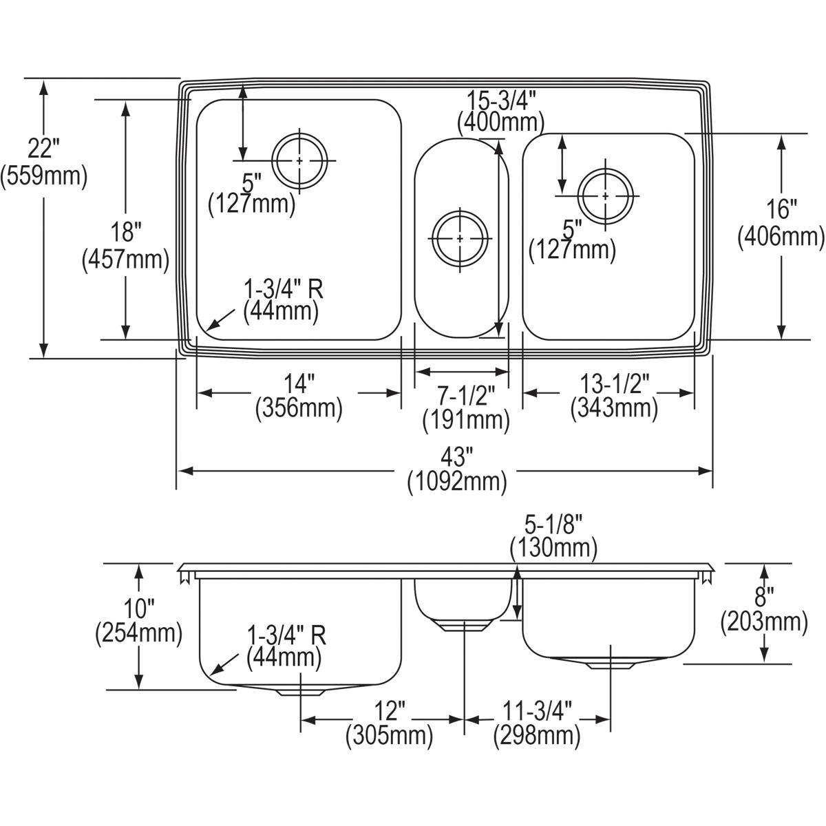 Elkay Lustrous Satin 43 x 22 in. Stainless Steel Triple Bowl Drop-in Kitchen Sink in Lustrous Satin 