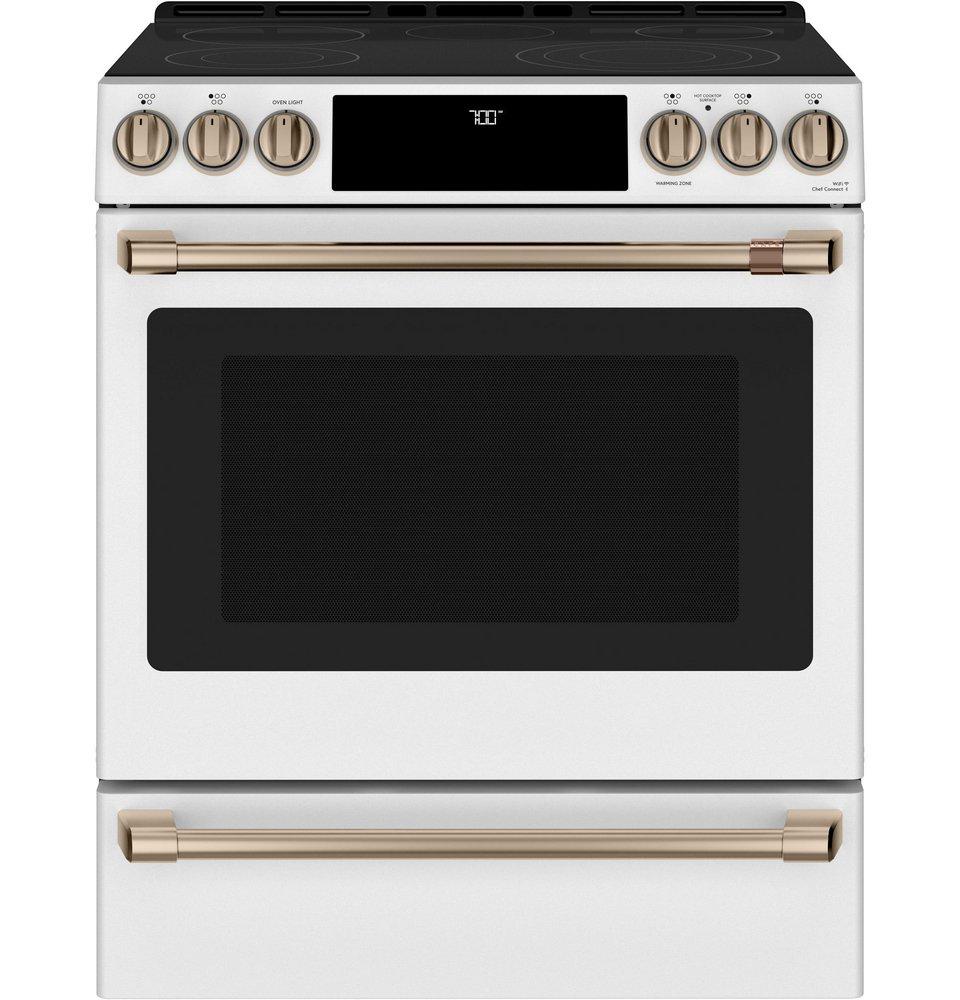 Cafe&trade; Matte White 29-7/8 in. Electric 5-Burner Radiant Smoothtop Slide-in Range 