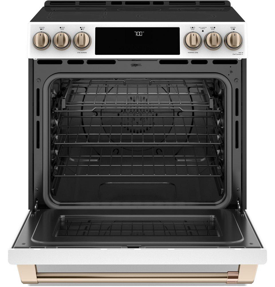Cafe&trade; Matte White 29-7/8 in. Electric 5-Burner Radiant Smoothtop Slide-in Range 