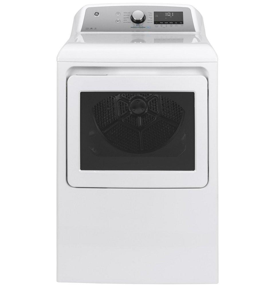 GE&reg; White on White/Silver 27 in. 7.4 cu. ft. Electric Dryer 