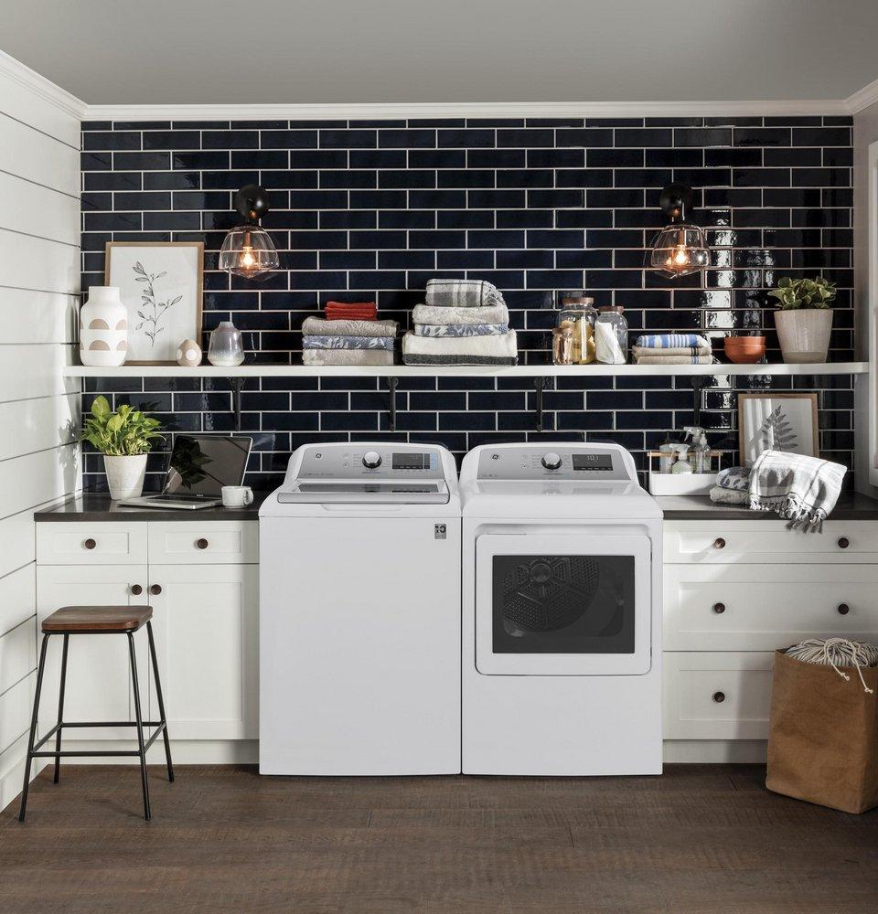 GE&reg; White on White/Silver 27 in. 7.4 cu. ft. Electric Dryer 