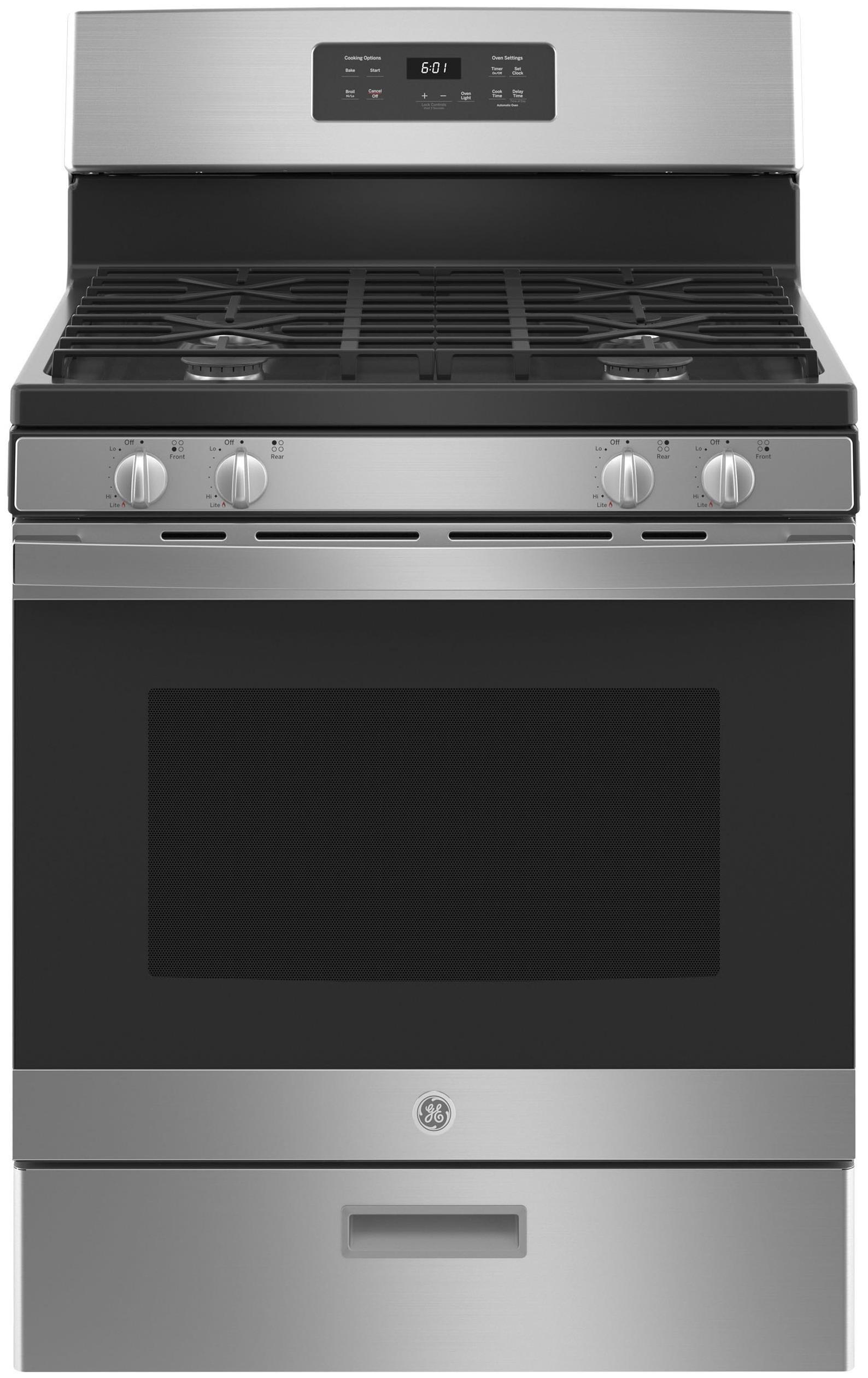 GE&reg; Stainless Steel 30 x 46-1/4 in. 13000 BTU 4.8 cu. ft. 4-Burner Sealed Gas Freestanding Range 