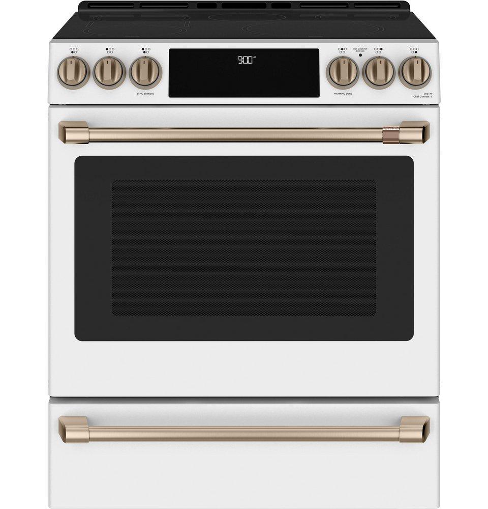 Cafe™ Matte White/Brushed Bronze 29-7/8 in. Electric 5-Burner Induction Slide-in Range 