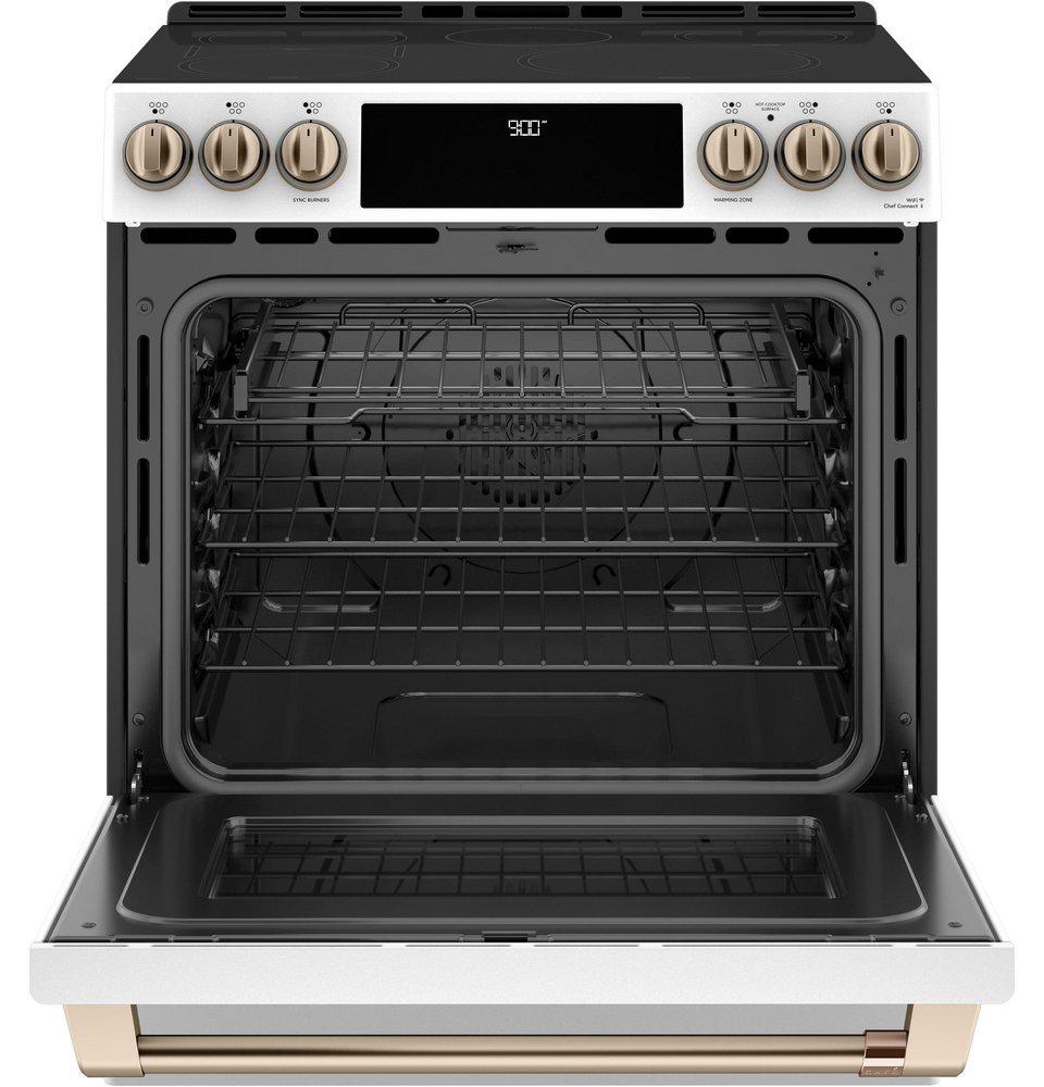Cafe™ Matte White/Brushed Bronze 29-7/8 in. Electric 5-Burner Induction Slide-in Range 
