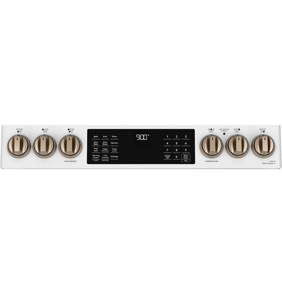 Cafe™ Matte White/Brushed Bronze 29-7/8 in. Electric 5-Burner Induction Slide-in Range 