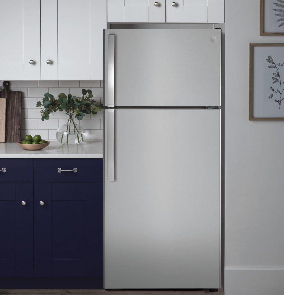 GE&reg; Stainless Steel 28 in. 16.6 cu. ft. Top Mount Freezer Refrigerator 