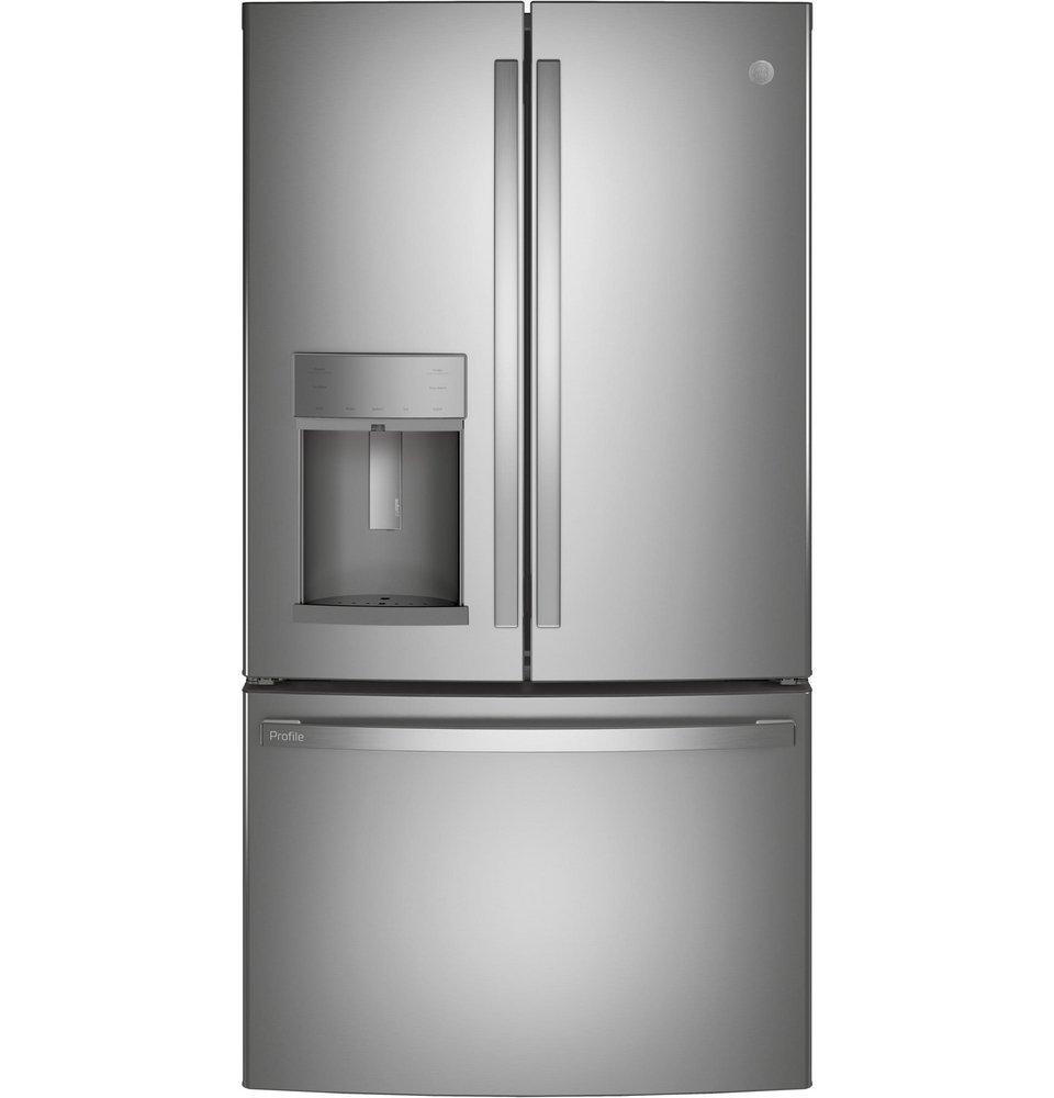 GE® Fingerprint Resistant Stainless Steel 35-3/4 in. 22.1 cu. ft. Bottom Mount Freezer,Counter Depth and French Door Refrigerator 