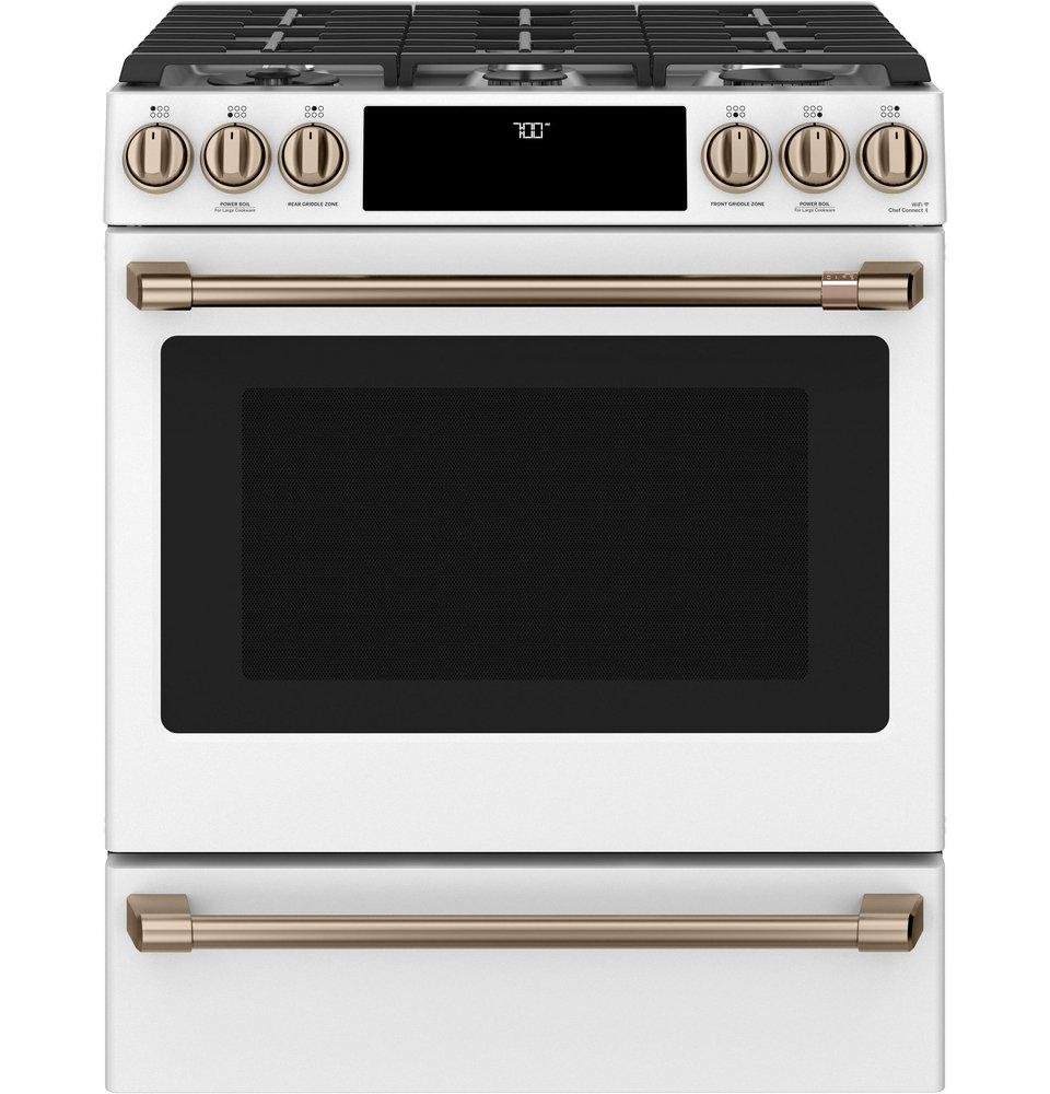 Cafe&trade; Matte White/Brushed Bronze 29-7/8 in. Gas 6-Burner Sealed Slide-in Range 
