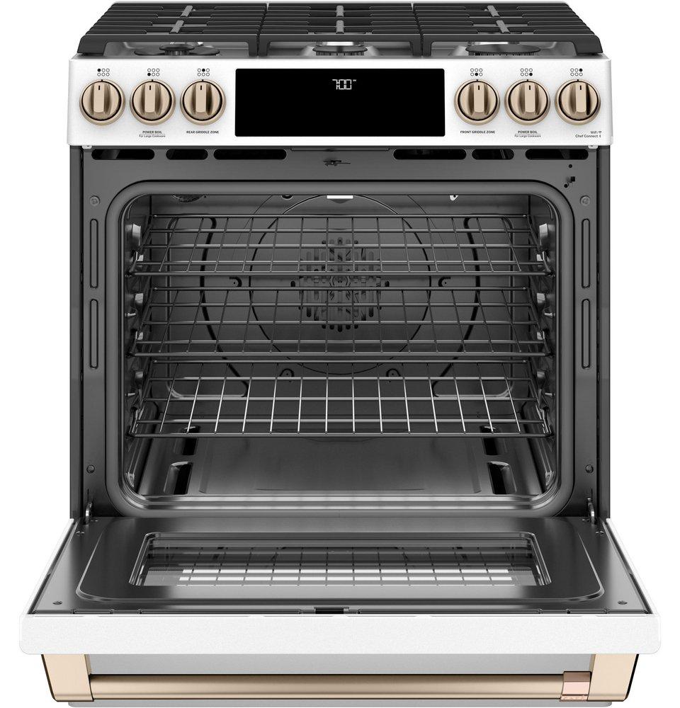 Cafe&trade; Matte White/Brushed Bronze 29-7/8 in. Gas 6-Burner Sealed Slide-in Range 
