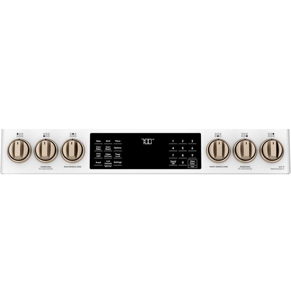 Cafe&trade; Matte White/Brushed Bronze 29-7/8 in. Gas 6-Burner Sealed Slide-in Range 